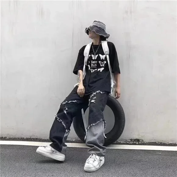Korean Fashion  Ripped Jeans Pants Men Broken Holes Trousers Casual Soft - Picture 3 of 7